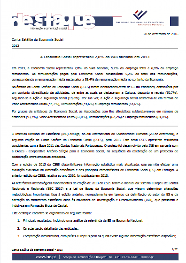 Conta Satélite da Economia Social 2013