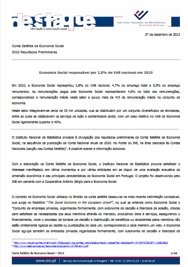 Conta satélite da Economia Social 2010 - Resultados preliminares