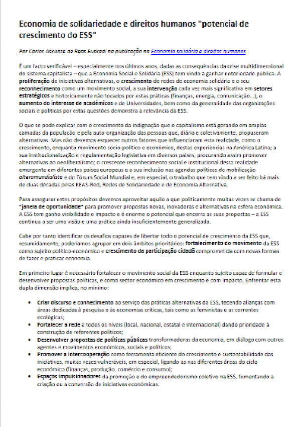 Economia de solidariedade e direitos humanos "potencial de  crescimento do ESS"