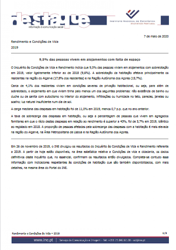 Rendimento e Condições de Vida 2019 (Habitação)