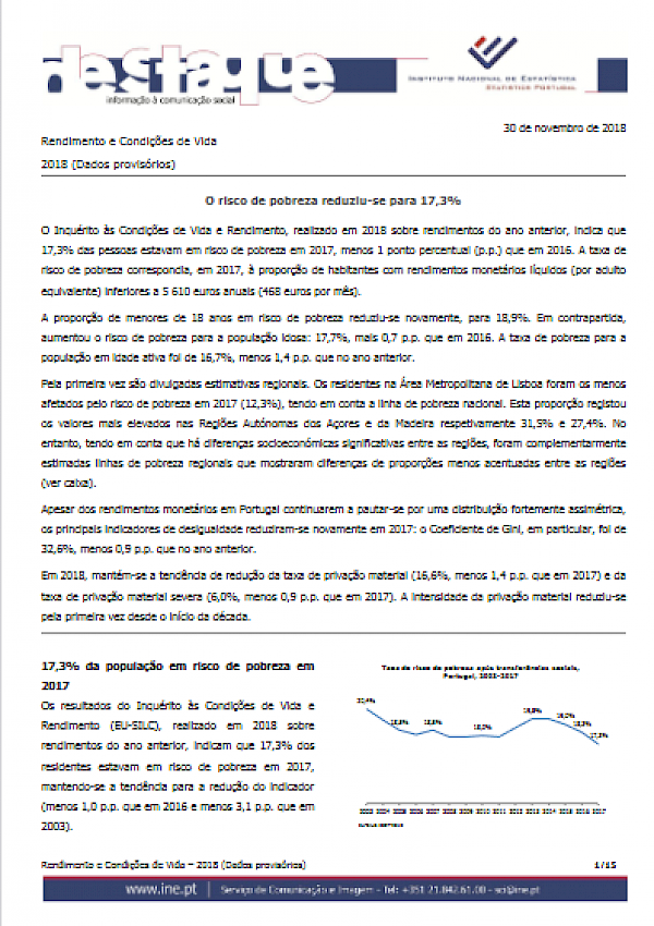 Rendimento e Condições de Vida 2018 (Dados provisórios)