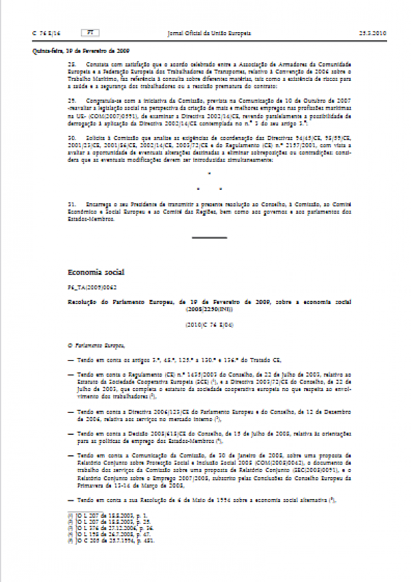 Resolução do Parlamento Europeu sobre a economia social (2008/2250(INI) (2010/C 76 E/04)