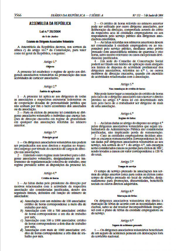 Estatuto do Dirigente Associativo Voluntário (Lei n.o20/2004)