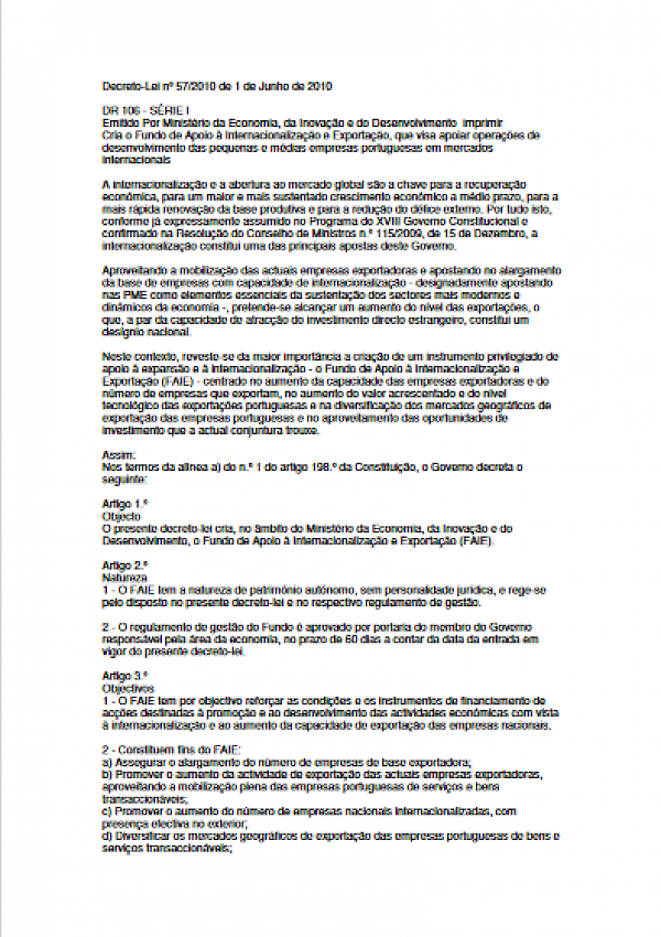 Fundo de Apoio à Internacionalização e Exportação - FAIE (Decreto-Lei 57/2010)